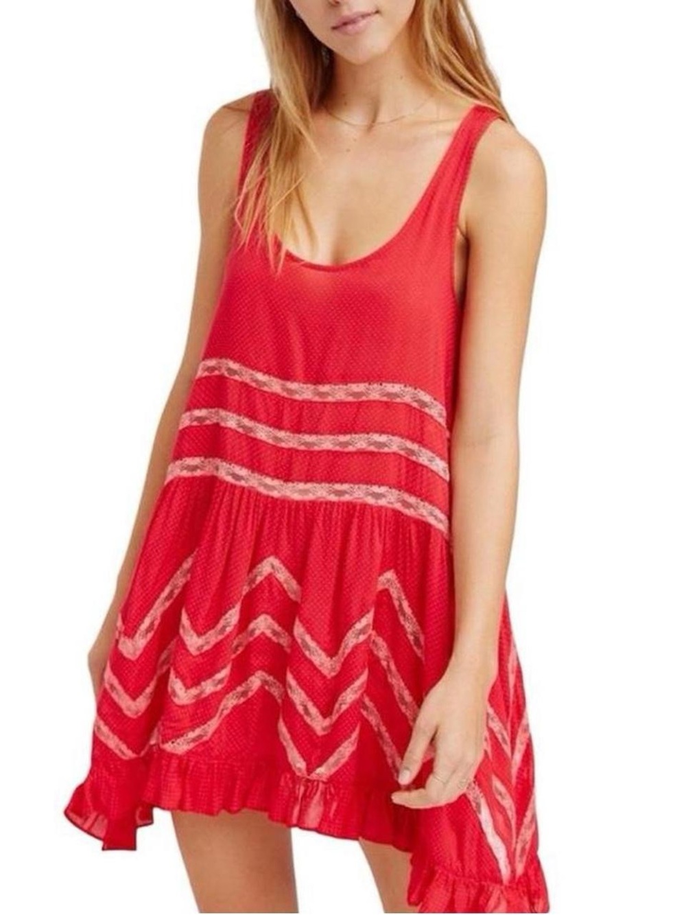 Free People Voile and Lace Trapeze Slip XS Cherry Red Orange Coral Mini Dress